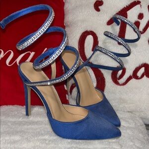 Elegant Blue Stiletto Heels with Rhinestone Straps
